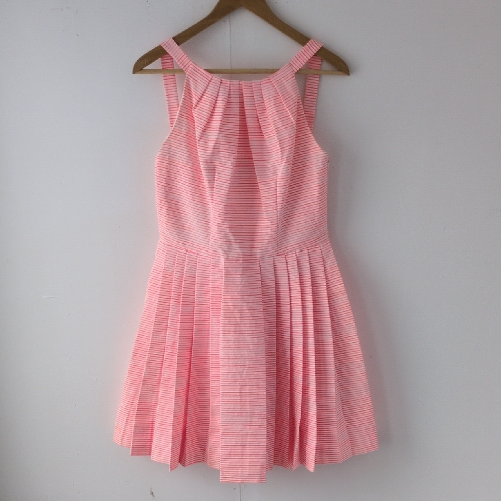 Jill Stuart Neon Pink Striped Pleated Open Back Mini Sundress